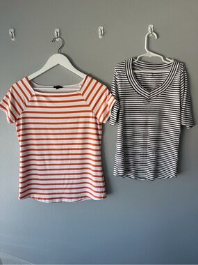 Talbots lot of 2 black white orange striped short sleeve tops Women’s size P XSP